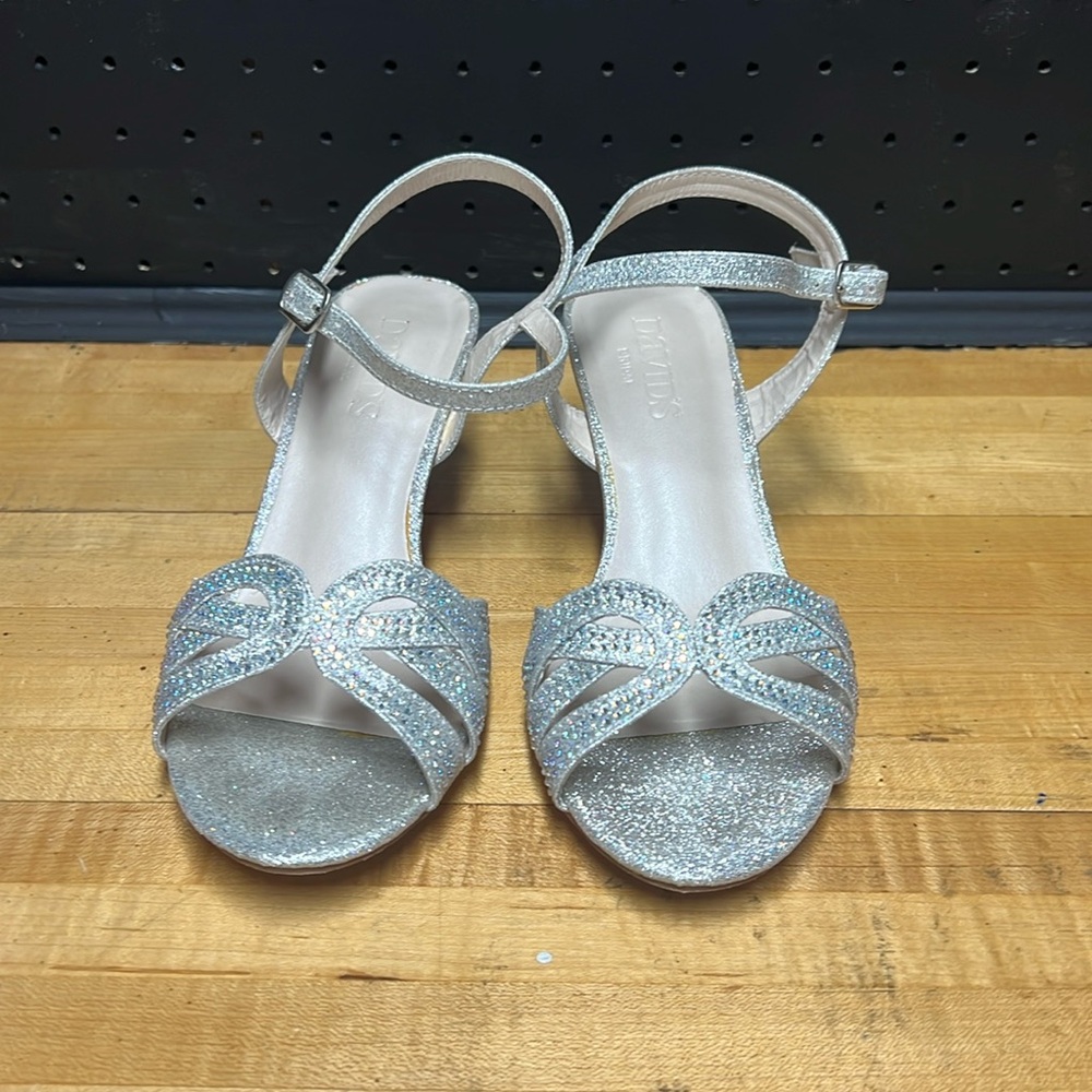 David’s Bridal silver crystal 2” heel sandals size 2